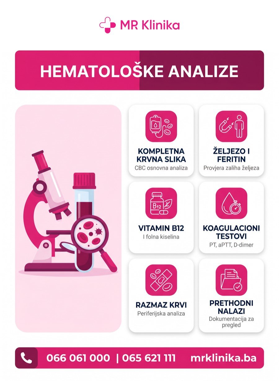 Hematološke analize - kompletna krvna slika, željezo i feritin, vitamin B12, koagulacioni testovi, razmaz krvi