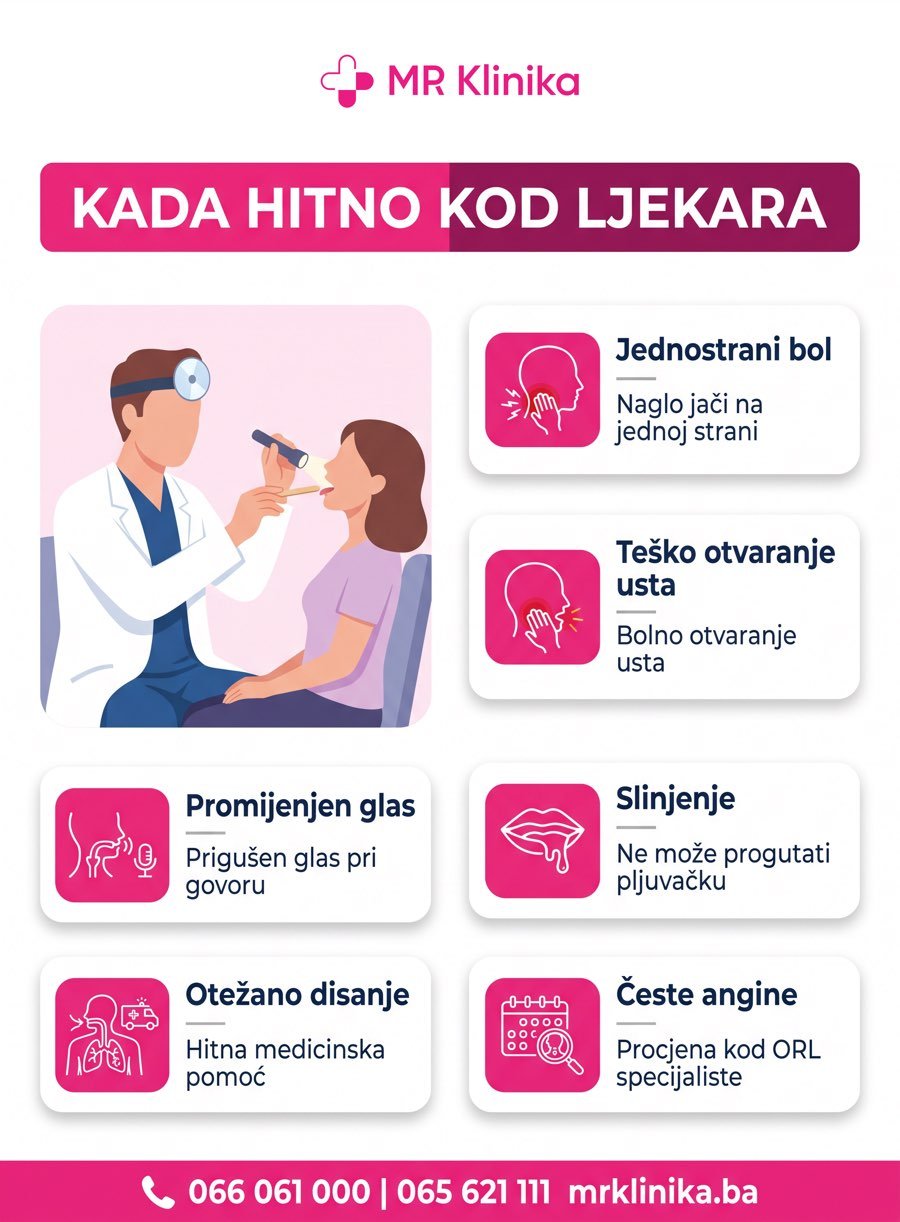 Gnojna angina - kada hitno kod ljekara: jednostrani bol, teško otvaranje usta, promijenjen glas, slinjenje, otežano disanje
